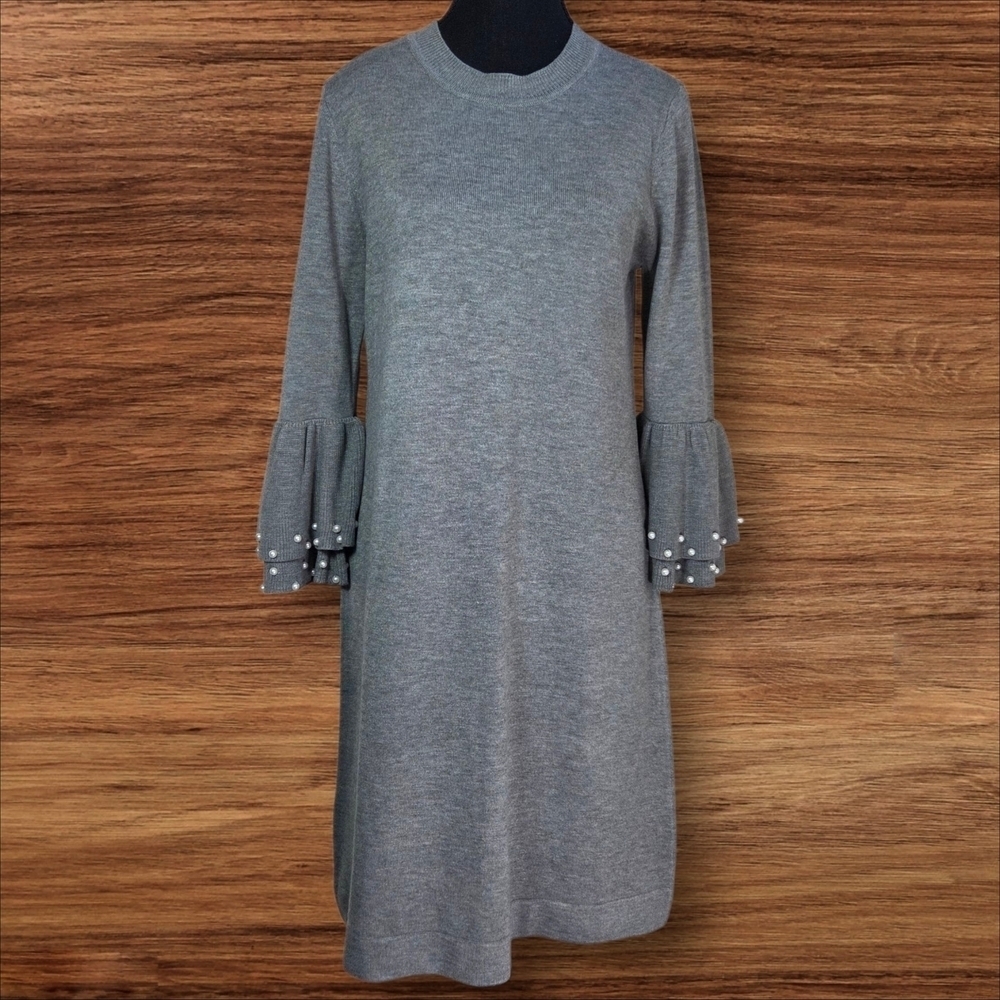 Eliza J Gray Long Sleeve Dress Shift with Pearl Sleeve Details Size Med